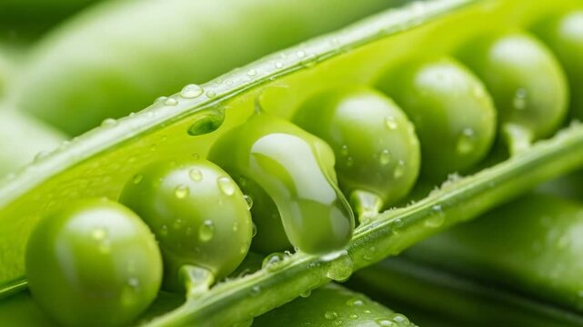 Fresh Green Peas in an Open Pod with Glistening Water Droplets.