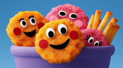 A bowl of food with faces on it, including a smiling face. The bowl is purple and the food is orange and pink