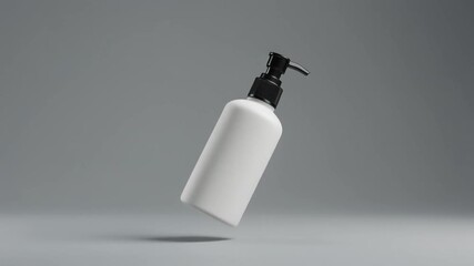 “Floating white pump bottle with black dispenser on plain gray background”