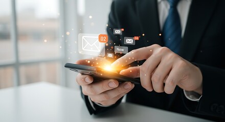 Future of Connectivity Professional man managing his correspondence, with abstract digital email icons floating above the phone screen