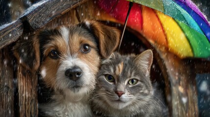 Obraz premium Cute dog and cat sheltered under a colorful umbrella - concept of pet insurance and protection