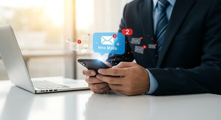 Businessman receiving new emails notification on his mobile phone in an office setting. Concept of business communication and technology