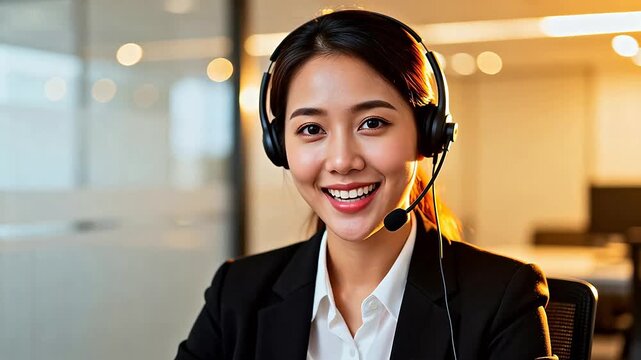 Smiling woman in business attire with headset