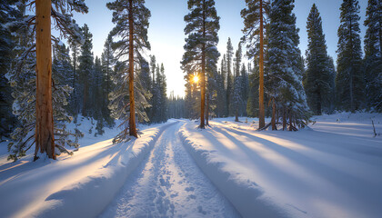 A Peaceful Snow-covered Forest Path in Yosemite National Park