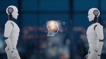 Two futuristic robots stand facing each other, symbolizing the exchange of data in a digital realm. The background displays a cityscape, emphasizing technological advancement. Synapse - Powered by Adobe