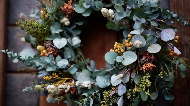 Ai green wreath made with eucalyptus and dried flowers hanging on a wooden door in autumn - Powered by Adobe