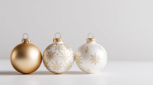 Ai three Christmas ornaments in gold and white colors placed on a light background during holiday season preparations