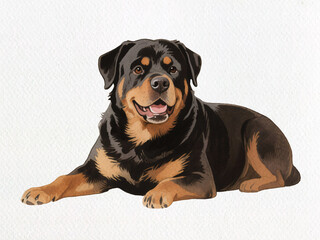 Rottweiler dog on a Light background: A noble rottweiler, with its distinctive black and tan markings, rests comfortably, emanating a sense of loyalty and strength. Captured in a portrait style.