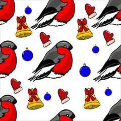 Vector colored seamless pattern with hand-drawn winter bird bullfinch, bell, mitten