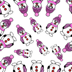 Vector colored seamless pattern of a hand-drawn New Year s snowman in a hat and scarf