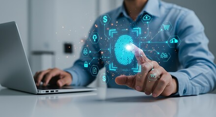 Future of Security, Business professional interacting with a holographic fingerprint scan, symbolizing secure access to cloud computing and financial assets