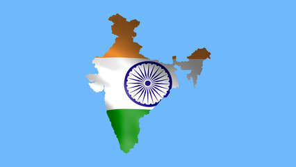 India flag waving in wind and zoom to reveal the Country Border Map isolated on blue background