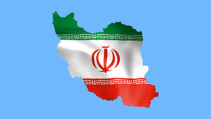 Iran flag waving in wind and zoom to reveal the Country Border Map isolated on blue background