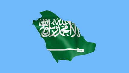 Saudi Arabia flag waving in wind and zoom to reveal the Country Border Map isolated on blue background
