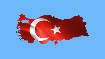 Turkey flag waving in wind and zoom to reveal the Country Border Map isolated on blue background