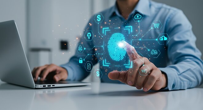 Future of Security, Business professional interacting with a holographic fingerprint scan, symbolizing secure access to cloud computing and financial assets