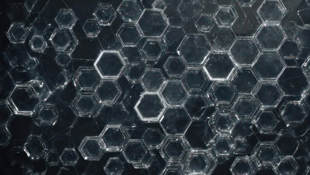 Abstract digital artwork featuring a dense array of translucent, hexagonal cell structures