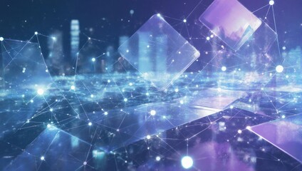 Abstract digital cityscape with interconnected nodes, glowing lines, and floating cubes; blurred skyline