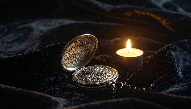 A detailed shot of an ornate silver locket lying open on black velvet, reflecting a tiny flicker of candlelight.