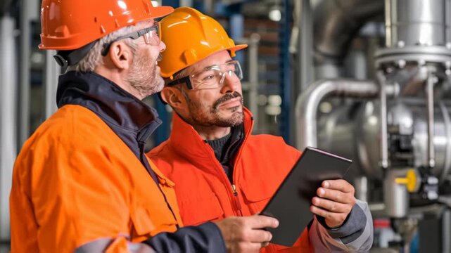 Two engineers in hard hats discussing data on a tablet in a modern industrial setting.