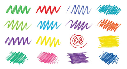 Set of colorful crayon scribble and doodle marks