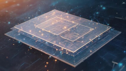 Layered translucent computer chip schematic with glowing lines and connecting dots, tech aesthetic