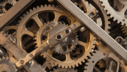 Close-up view of intricate metal gears, rods, and mechanisms interlocked