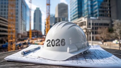 Construction site shows a hard hat marked with 2026 on blueprints. Happy new year event is happening nearby with festive decorations and lights