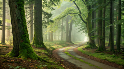 Misty forest path winding through tall green trees