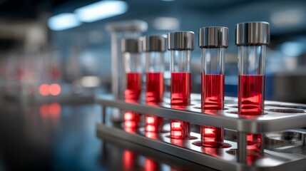 Blood filled test tubes in laboratory under blue light