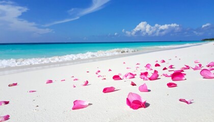 Pink rose petals symbolize love on a tropical beach near the turquoise sea