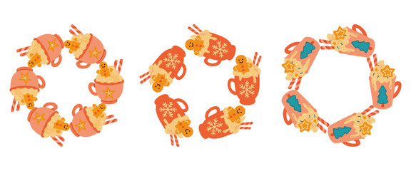 Set of cute Christmas wreaths made of festive mugs with whipped cream, gingerbread cookies, candy canes and holiday decorations. Cozy winter vector collection for cards, prints and wrapping paper. 