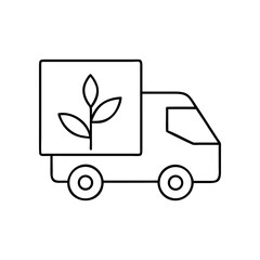 Outline drawing of a delivery truck with a plant symbol on transparent background