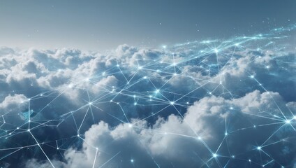Aerial view of fluffy clouds overlaid with a glowing network of interconnected lines and nodes