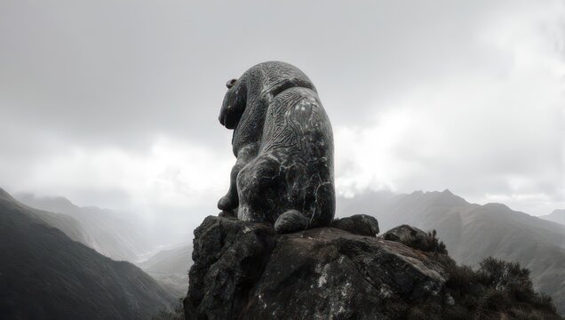 Granite bear statue sits atop rocky peak, overlooking misty mountain range under a cloudy sky