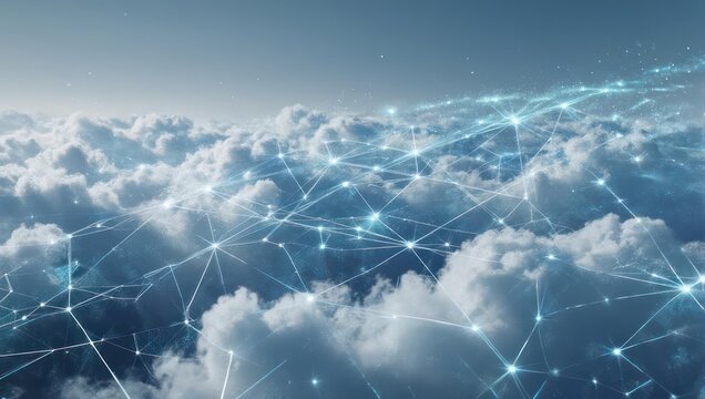 Aerial view of fluffy clouds overlaid with a glowing network of interconnected lines and nodes - Powered by Adobe
