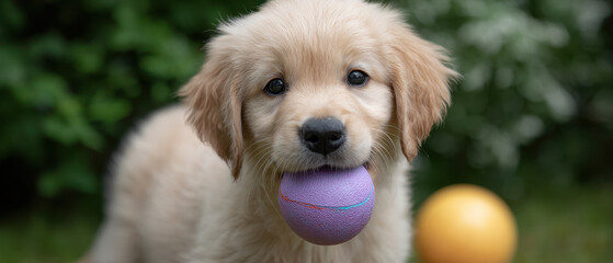Golden retriever puppy purple ball play yard green garden cute expression