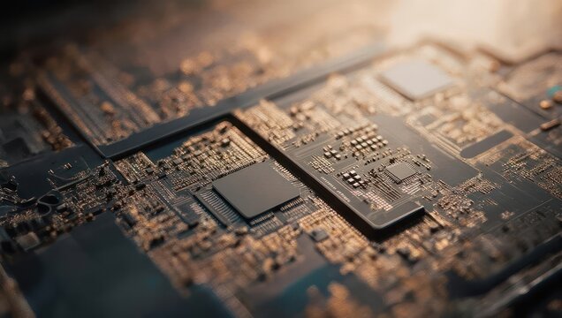 Close-up view of a complex circuit board with intricate details, illuminated by warm light - Powered by Adobe