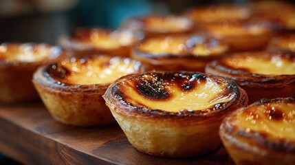 Pastel de nata baking on wooden display