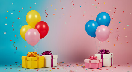 Colorful birthday party with balloons and gifts