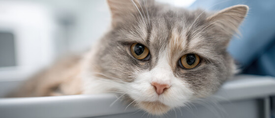 Cat gray white closeup eyes calm feline comfort and gentle mood