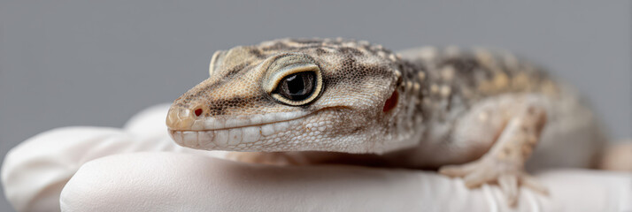 Calm lizard reptile care glove veterinary exotic pet clinic closeup eye scale skin head