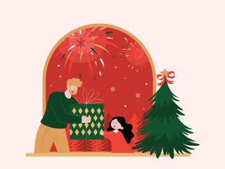 Merry Christmas and Happy New Year, father gives a gift to his daughter on Christmas Day