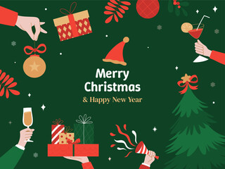 Merry Christmas and Happy New Year design on a green background