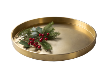 Elegant Brass Round Serving Tray with Festive Holiday Greenery Isolated on Transparent Background