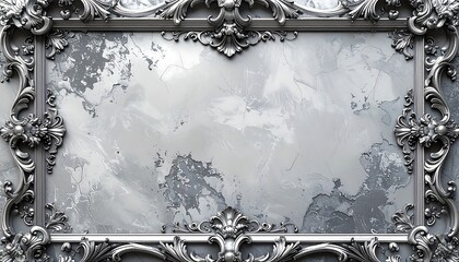 Intricate silver baroque frame with cloudy, textured fill. Ornamental design with floral motifs. 3D render