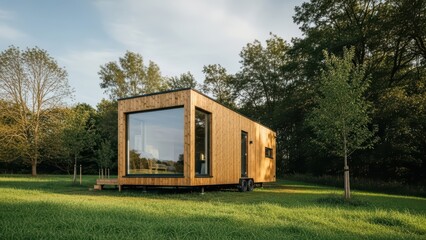 Modern eco-friendly tiny house in a serene natural landscape