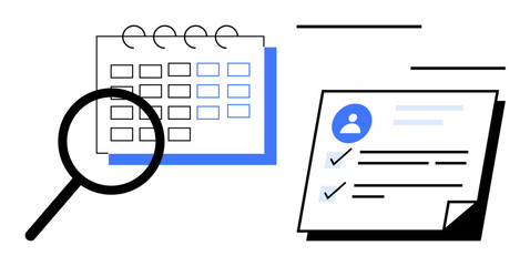 Magnifying glass examines calendar and checklist on document, symbolizing organization, scheduling, tasks, and review. Ideal for productivity, planning, research, analysis workflow management
