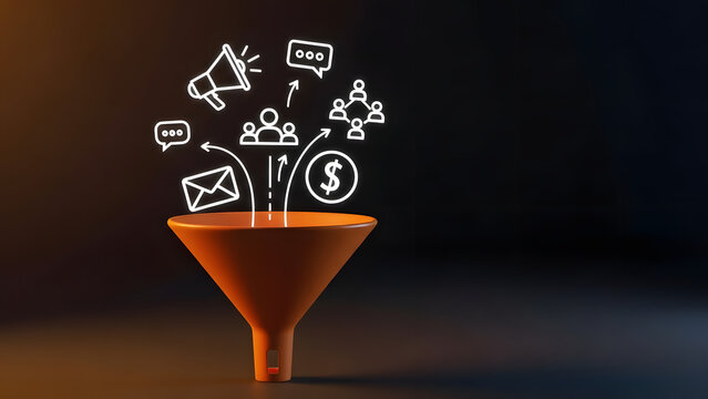 Orange marketing funnel with icons