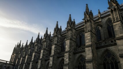 Gothic architecture of st. ouen abbey church exterior with dramatic sky